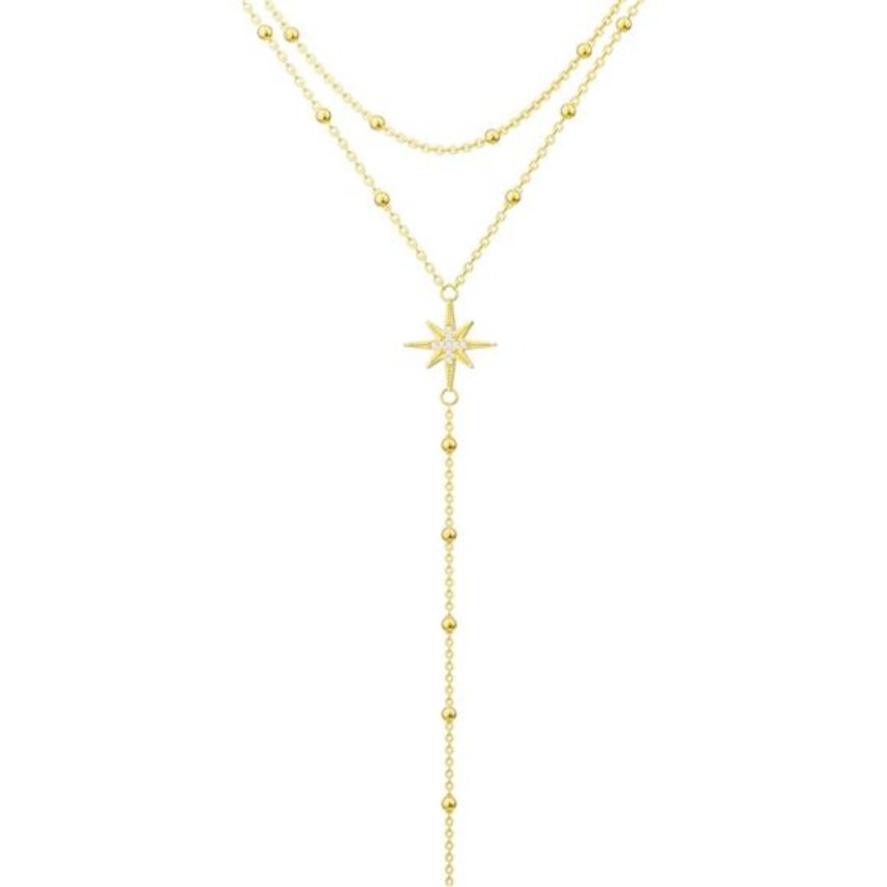 🌞 Dainty Gold Sun Lariat Necklace Set – Layered Y Chain – 14K Gold Plated